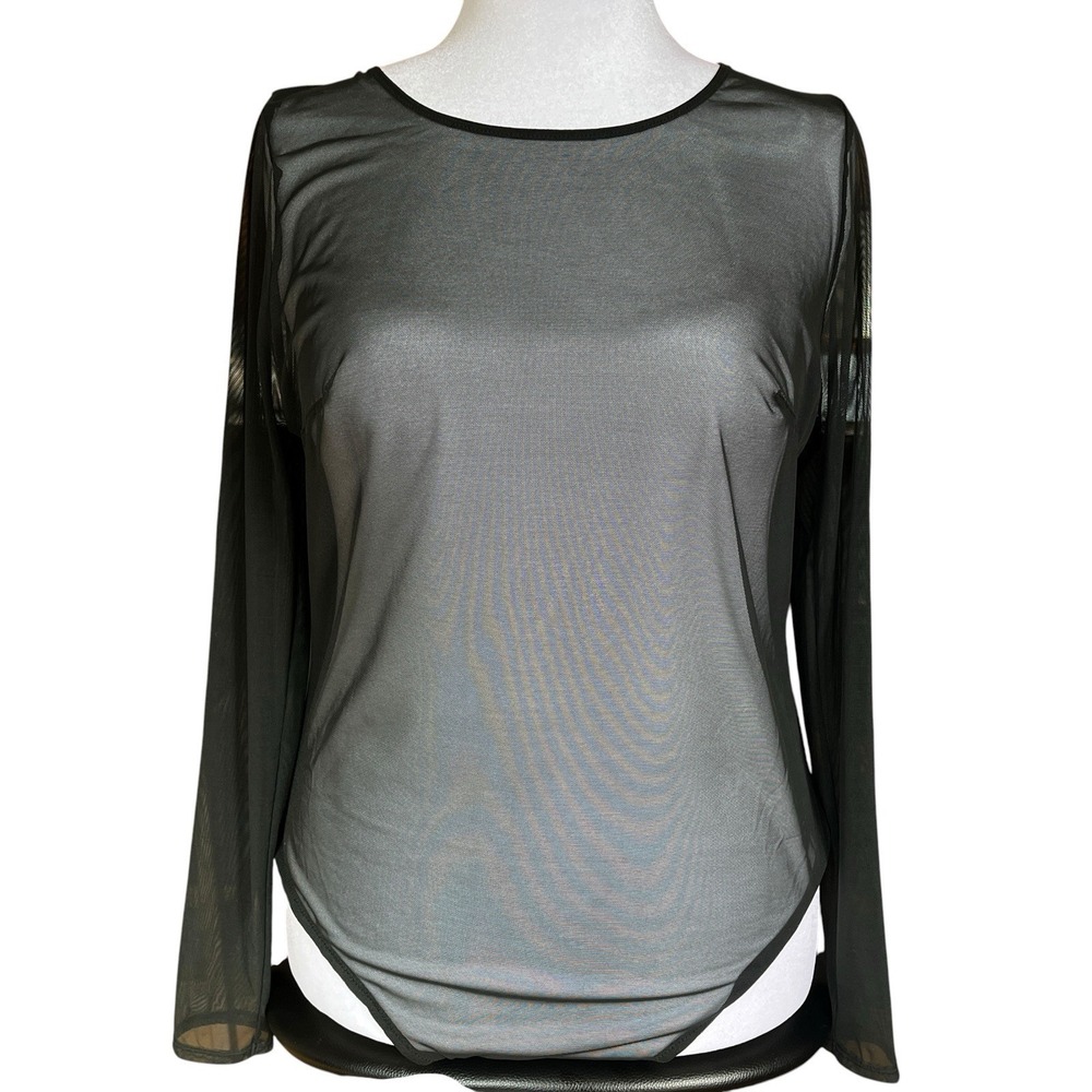 New Cacique Lane Bryant Sheer Mesh Bodysuit Size 14/16 Black Long Sleeve Sexy